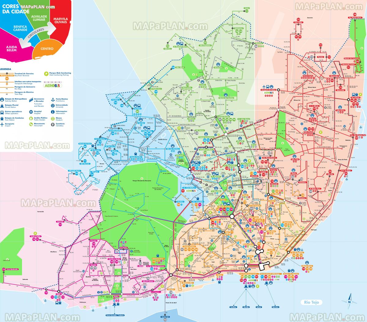 Лиссабон автобусные линии на карте