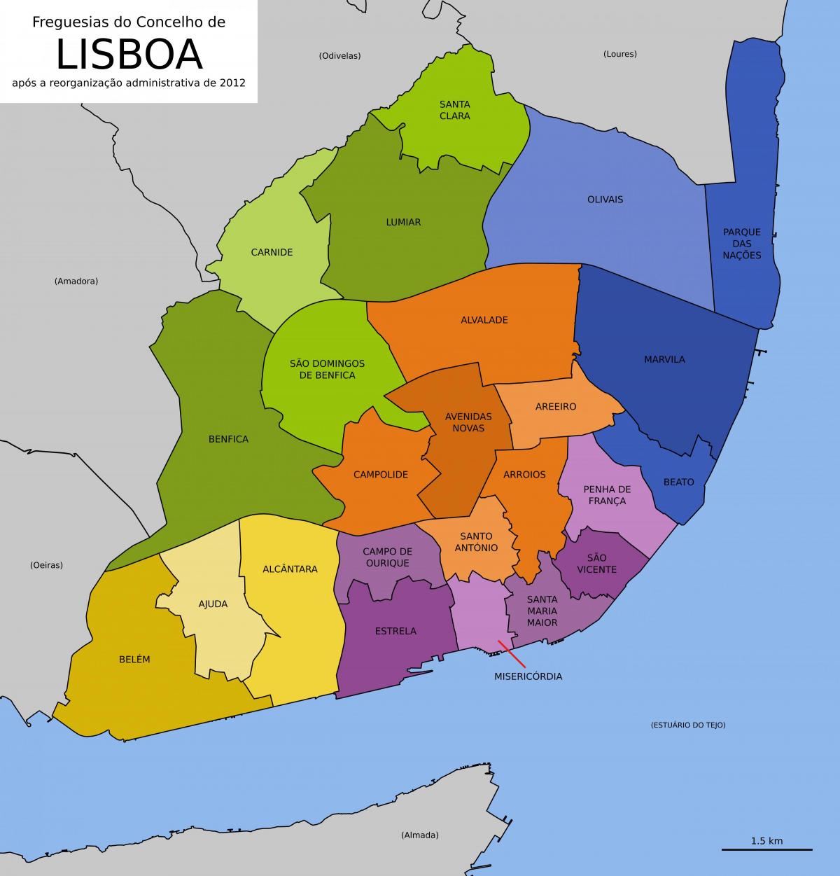 карта Лиссабона, показывая районов